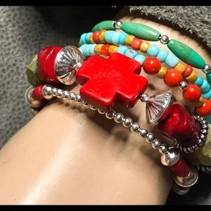 SS Native Southwest Coral & Turquoise Bracelet